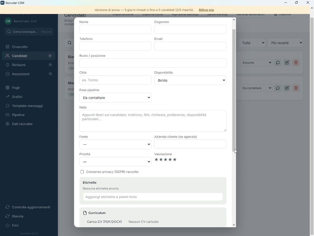 Scheda candidato di Recruiter CRM